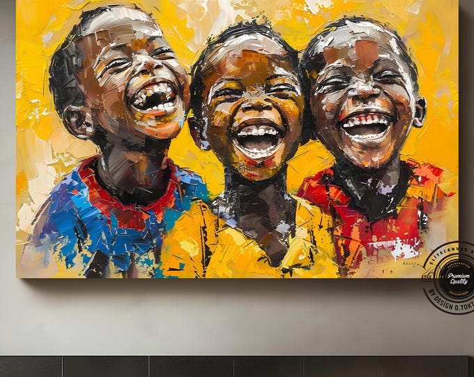 Joyful Brotherhood,Laughing African Children. African Black Art, African Black Art, African Wall Art, African Children Decor Framed Canvas