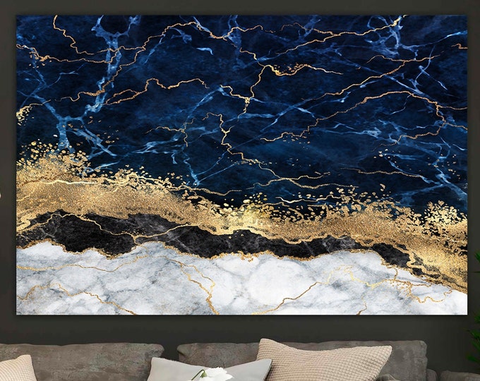 Blue gold abstract canvas print Abstract Luxury wall art Living Room decor Oversized Contemporary Modern Artwork, Marble Abstract Art