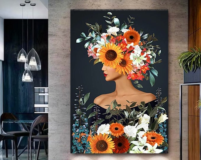 Woman with flower canvas, abstract flower woman painting, rose head woman painting, flower painting, woman art