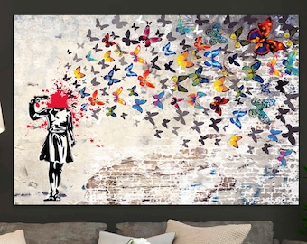 Banksy Headshot Butterfly Girl Suicide,Mural Canvas Art,Graffiti Canvas Print Art,Street Art on Canvas,Mural Print Art Graffiti Wall Decor