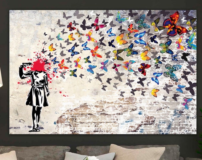 Banksy Headshot Butterfly Girl Suicide,Mural Canvas Art,Graffiti Canvas Print Art,Street Art on Canvas,Mural Print Art Graffiti Wall Decor