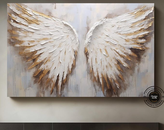 Gold Feather Wings Canvas, Angel Wings Wall Art, Elegant Feather Decor, Wall Art Canvas Design, Ready to Hang Decoration