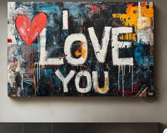 Banksy Graffiti Art: I Love You Hearts, Framed Canvas Wall Art