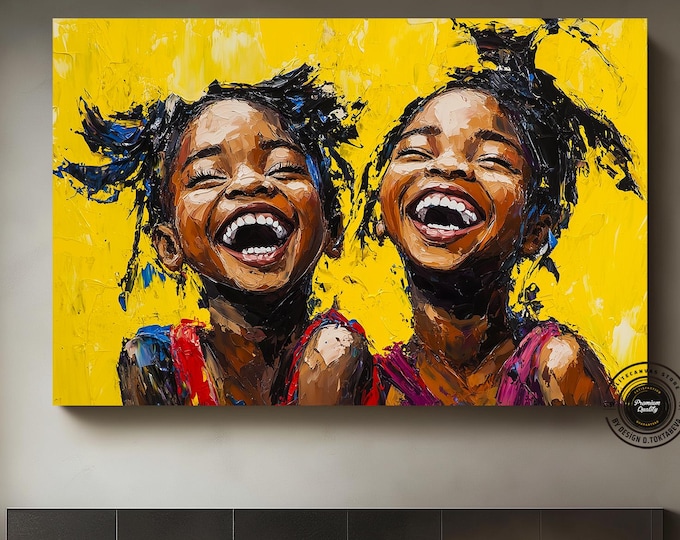 Joyful Brotherhood,Laughing African Children. African Black Art, African Black Art, African Wall Art, African Children Decor Framed Canvas