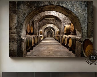 Vintage Wine Cellar Painting, Canvas Print. Wooden Wine Barrels, Rustic Picture with Wine Barrel, Wall Art. Wine Shop Decor.