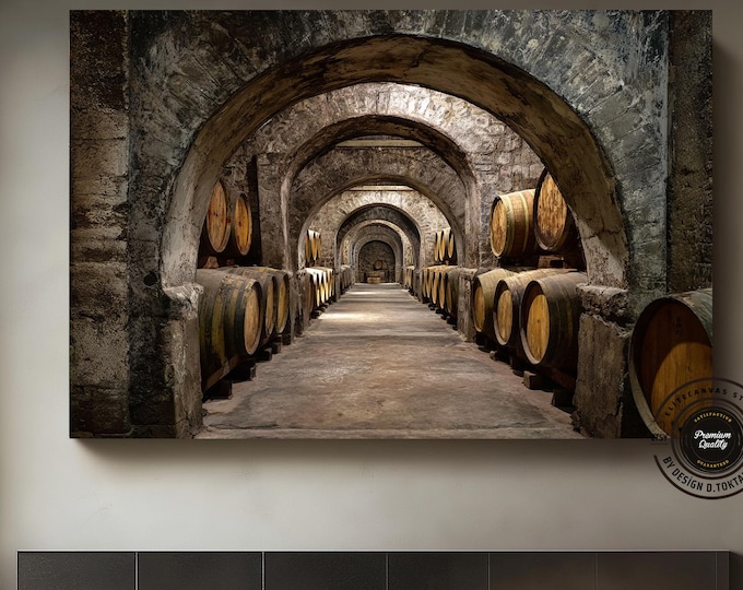 Vintage Wine Cellar Painting, Canvas Print. Wooden Wine Barrels, Rustic Picture with Wine Barrel, Wall Art. Wine Shop Decor.