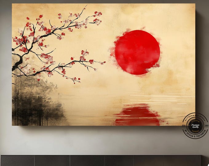 Red Flowers Canvas Art, Sakura Blossoms Wall Decor, Print on Canvas, Living Room Decor, Asian Japanese Wall Art,Minimalist landscapes Art