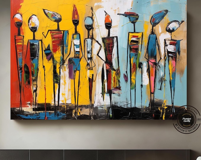 Tribal wall art of silhouettes of  African figures in traditional dress,The figures are thin and tall,African pattern canvas print