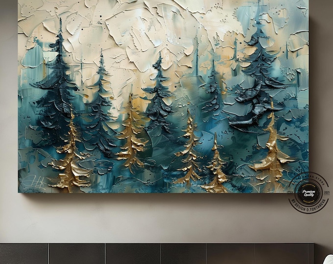 Abstract forest pine trees Canvas wall art, Green white beige gold tones, Pine tree oil painting style canvas print.
