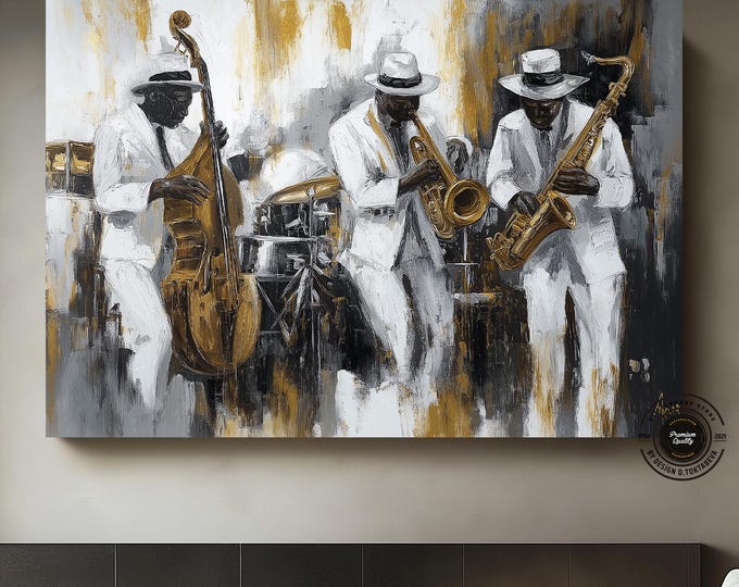 Harmonious Rhythms II: Vibrant African Art, Black Art Jazz Band, Large Canvas Wall Art – A Soulful Fusion of Jazz Music & Culture Home Decor