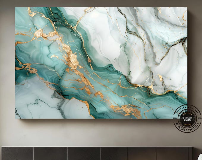 Green Gold Marble Abstract Canvas Wall Art, Modern Wall Decor, Interior Design Ideas, Living Room Wall Art, Contemporary Design
