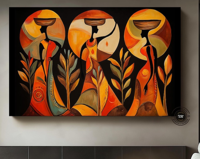 Modern minimalist style, minimalist representation of African motif arts, peasant women farming and fetching water, canvas wall art