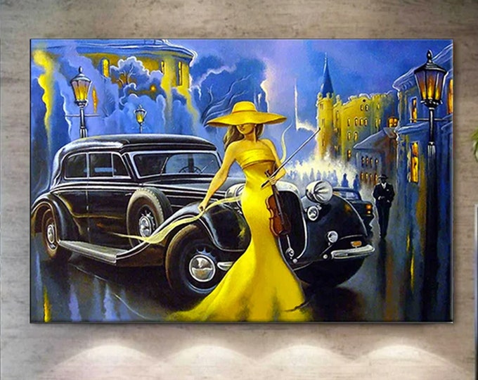 Woman In Yellow Dress Painting, Modern Artwork, Vintage Car Wall Decor, Vintage Car With Lady Canvas Art, Old Car Wall Decor,