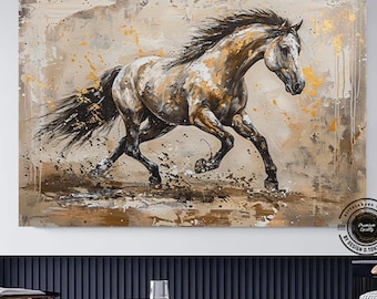 Gold Horse Painting Print on Canvas: Modern Wall Art Decor