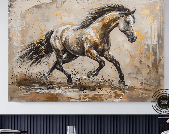 Gold Horse Painting Print On Canvas, Gold Wall Art Bedroom, Modern Wall Art Decor Print, Black And Gold Wall Art, Animal Lover Gift