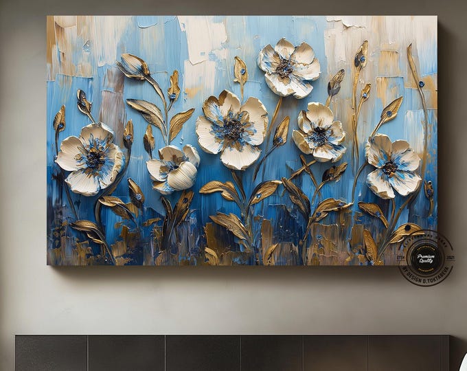 Blue and Gold 3D Rose Canvas Painting, Elegant Floral Wall Art, Nature-Inspired Modern Artwork, Unique Decor Gift for Home or Office