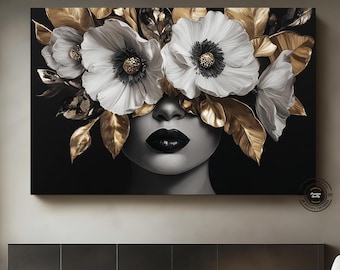 Floral Woman Portrait Canvas: Golden Petal Silhouette Mixed Media Art