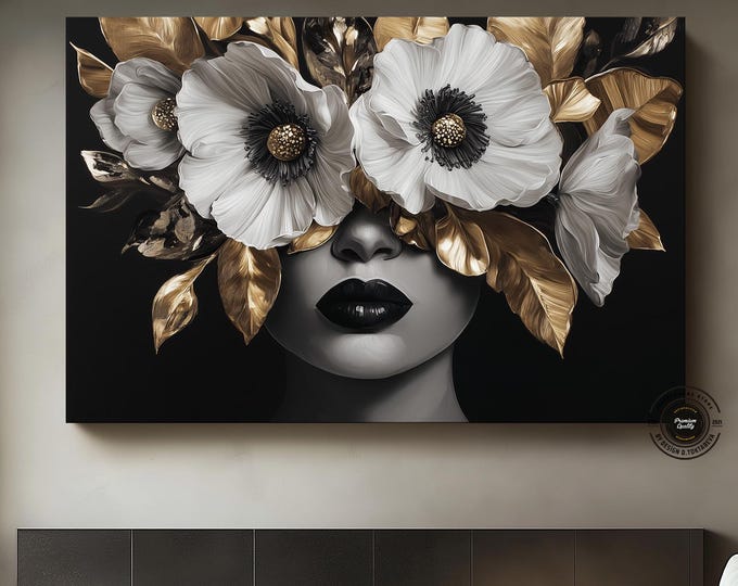 Golden Petal Silhouette: Modern Wall Art | Floral Woman Portrait Face | Contemporary Home Decor | Mixed Media Art | Abstract Women Wall Art