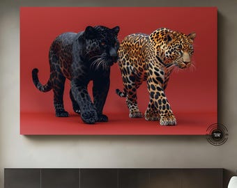 Czarno-żółte lamparty na płótnie: luksusowy wydruk w ramie