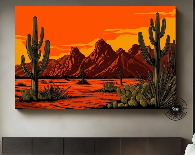 Sunset Nevada desert with cacti,Desert landscape, sunset sky, cacti, sand dunes Canvas wall art.