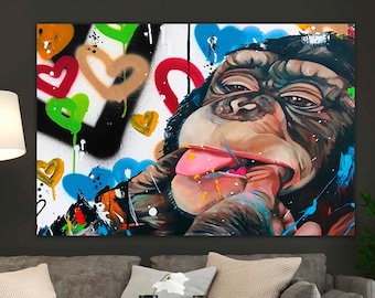 Abstract Graffiti Monkey Canvas Art, Colorful Chimp Wall Decor