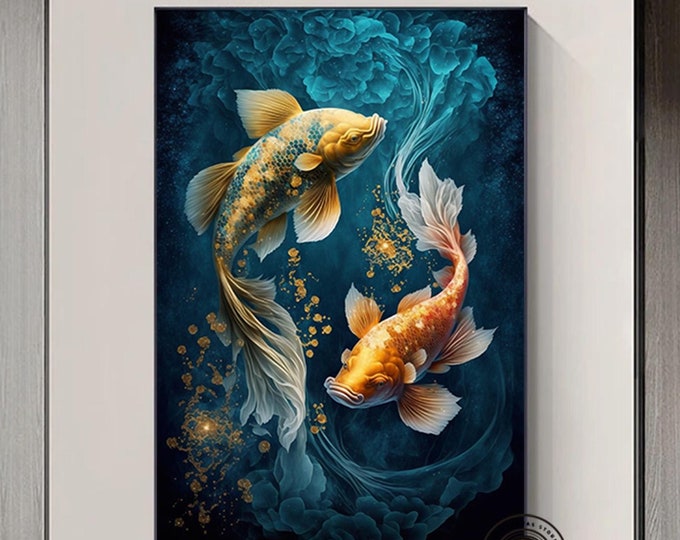 Koi Fish Canvas Wall Art, Two Koi Fish Nature Animal Wall Art, Japanese Koi Fish Large Canvas, Modern wall art