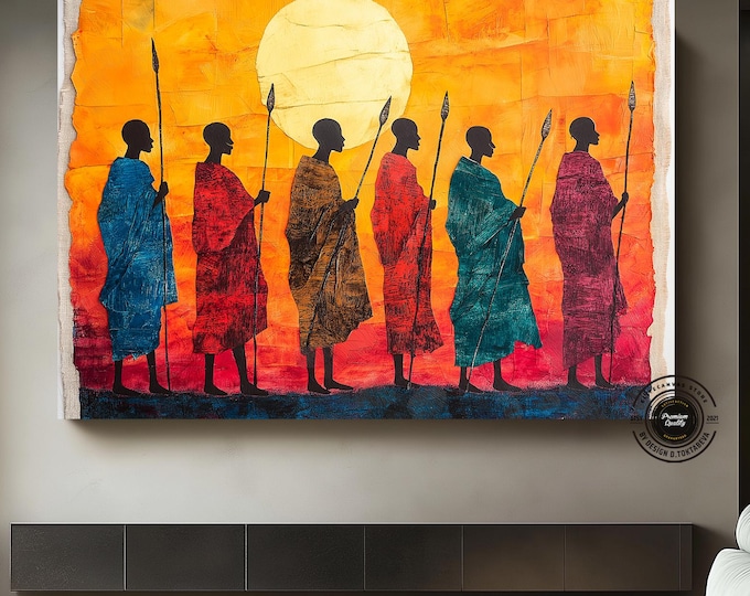 Tribal wall art of silhouettes of  African figures in traditional dress,The figures are thin and tall,African pattern canvas print
