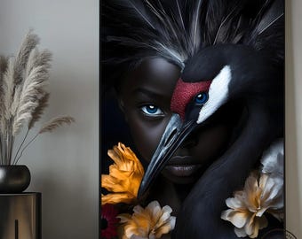 African Child and Bird Canvas Print: Abstract Home Decor Art