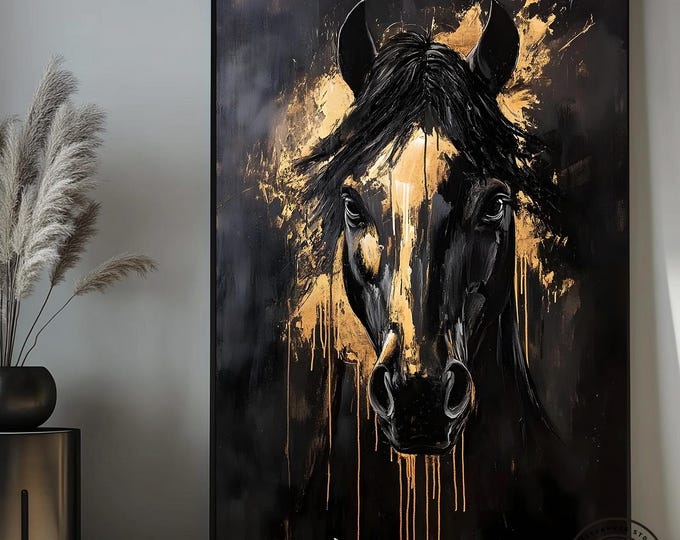 Majestic Horse Portrait: Golden Black Equine Canvas Wall Art