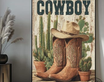 Western Landscape Wall Art, Cowboy Boots Print, Farmhouse Wall Decor, Rustic Canvas Wall Decor, Southwestern Print, Texas Cowboy Poster