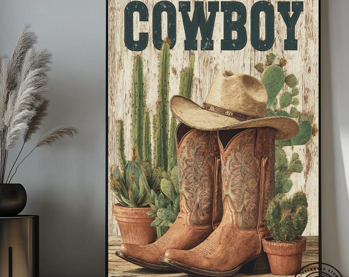 Western Landscape Wall Art, Cowboy Boots Print, Farmhouse Wall Decor, Rustic Canvas Wall Decor, Southwestern Print, Texas Cowboy Poster