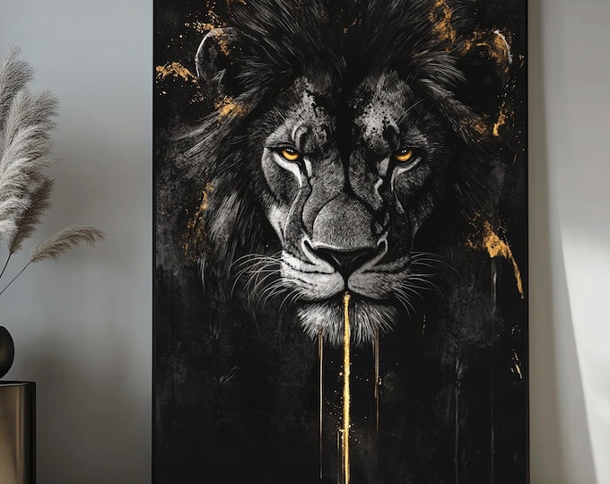 Lion Abstract Art Framed Canvas, Black and Gold, Majestic Lion, Lion Wall Art, Lion Art, Lion Print, Lion Painting, Abstract Wall Art, Lion
