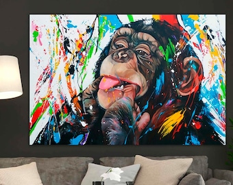 Abstract Graffiti Monkey Canvas Art, Colorful Chimp Wall Decor