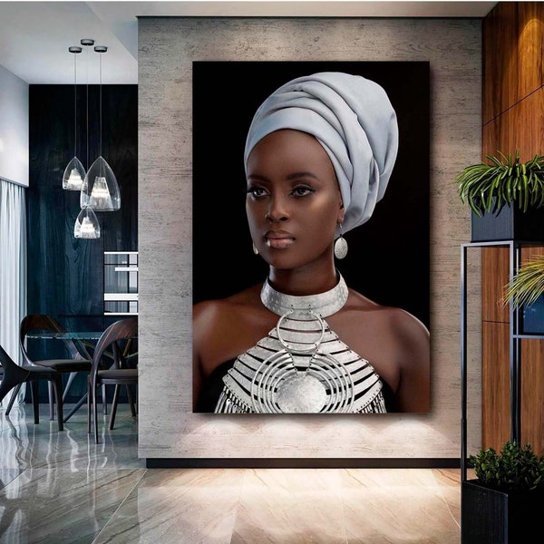 Mujer africana moderna Pintura de arte mural Póster Decoración del hogar para la sala de estar, Mujer africana impresa en lienzo, Arte de damas étnicas, Dama africana