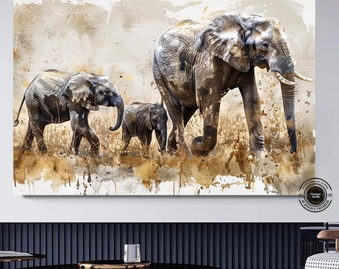 Elephants Family Canvas Painting Art, Animals African Wall Decor, Wall Art, Modern Print Art, Herd of Elephants Poster, Wall Hanging Canvas