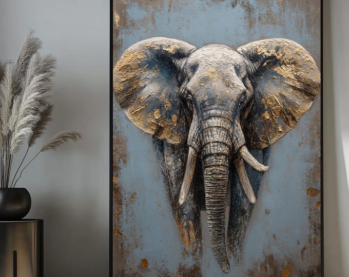 Golden Elephant Textured Art, Majestic African Wildlife Wall Decor, 3D Elephant Head Canvas, Gold and Blue Animal Art, Ready To Hang