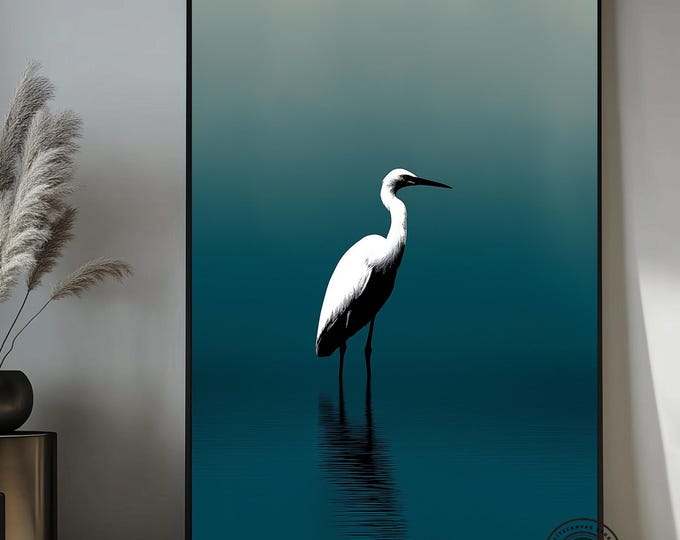 Minimalist two-color logo illustration of a white heron standing in a blue lake canvas wall art.