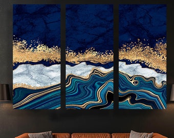 Blue Gold Abstract Canvas Print, Modern Marble Wall Art