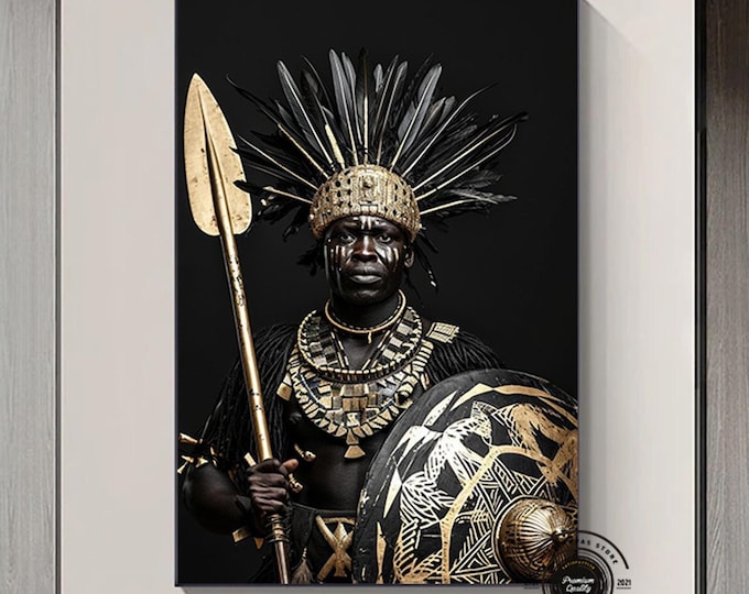 Canvas wall art of an African American black man dressed in black and gold, holding a spear and shield.