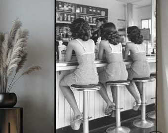 Three Friends Drinking Milkshakes Vintage Canvas Wall Art, Black and White Poster, Vintage Woman Art