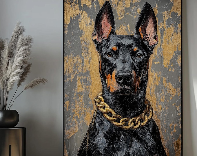 Oil painting style of a doberman facing forward with a shiny gold chain around his neck. Luxury wall art style canvas wall art.