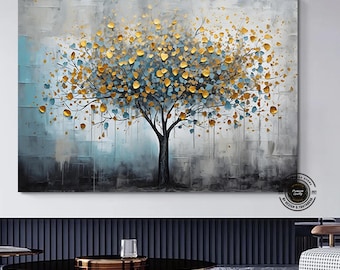Blue and Gold Leaf Tree Painting: Luxurious Botanical Canvas Art