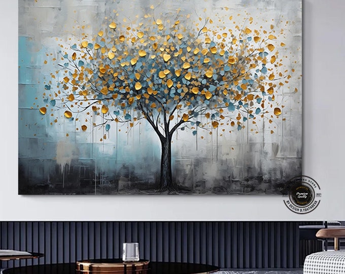 Blue and Gold Leafed Tree Painting, Luxurious Botanical Wall Art, Elegant Canvas Decor for Home, Unique Housewarming Gift