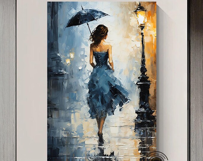 Woman Walking Painting - Sexy Blue Dress Canvas Art, Modern Wall Decor for Chic Home Styling, Unique Art Gift