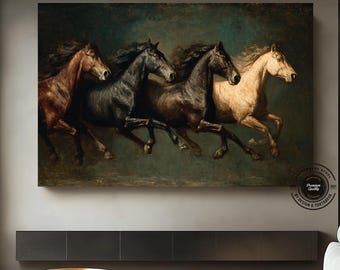 Running Horses Canvas Wall Art, Four Horses Painting, Horse Wall Decor, Equestrian Art, Western Wall Art, Rustic Farmhouse Decor