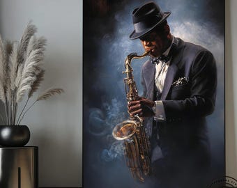 Jazz Saxophone Canvas Painting, Sax Player Wall Art in Suit and Hat, Moody Jazz Music Decor, Stylish Jazz Club Print, Unique Gift Idea
