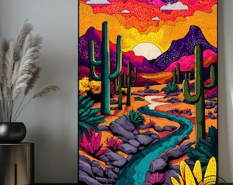 Vibrant Desert Landscape Print, Psychedelic Cactus Art, Colorful Boho Wall Decor