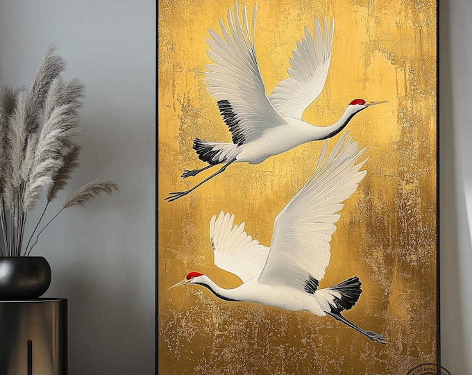 Japanese Canvas Print, Crane Wall Art, Gold Wall Art Print, Crane Bird Art Print, Gold Abstract Painting, Japanese Art Canvas, Above Bed Art