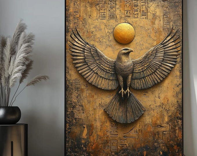 Majestic Egyptian Falcon Canvas Painting – Golden Horus Symbol – Ancient Mythology Wall Art ,Regal Home Decor