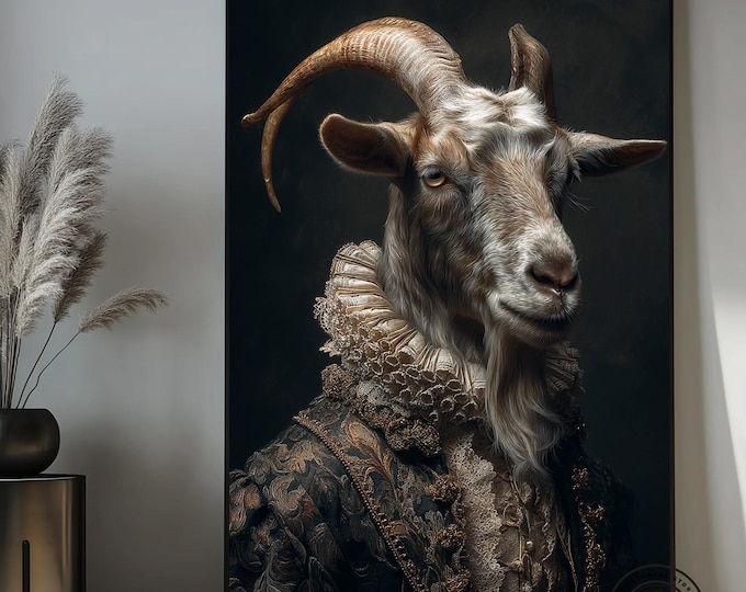 Hyperrealistic portrait of a graceful goat with golden horns, dressed in the Renaissance, canvas wall art